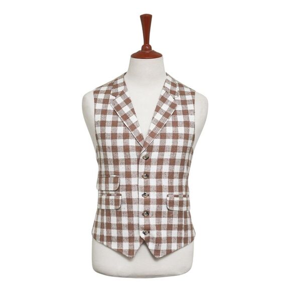 Mens Vest 44R Brown Beige Plaid Check Waistcoat XL Western Casual Preppy Party - Picture 1 of 9